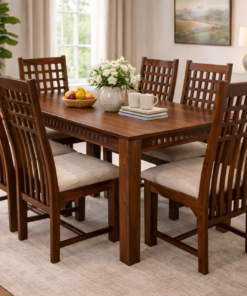 Adal 6 Seater Sheesham Wood Dining Set with Cushoned Chair in Honey Finish