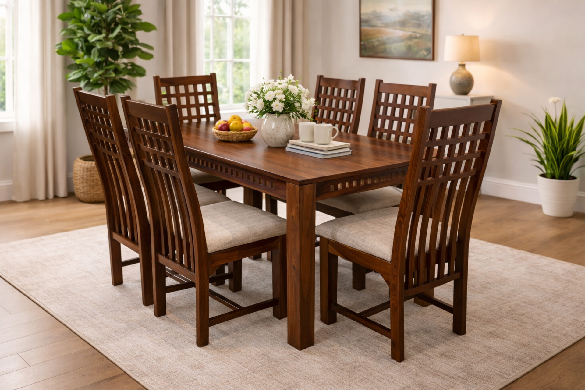 Adal 6 Seater Sheesham Wood Dining Set with Cushoned Chair in Honey Finish