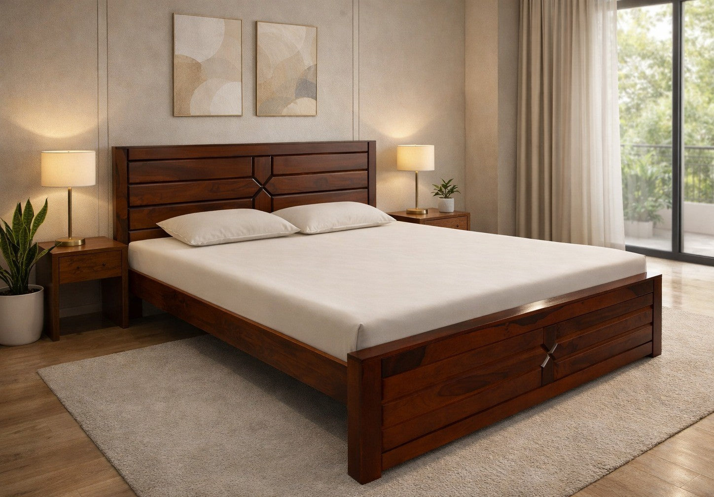 Arch Sheesham Wood King Size Bed in Honey Finish Without Storage