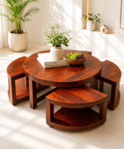Aria Solid Sheesham Round Coffee Table Set with Stool