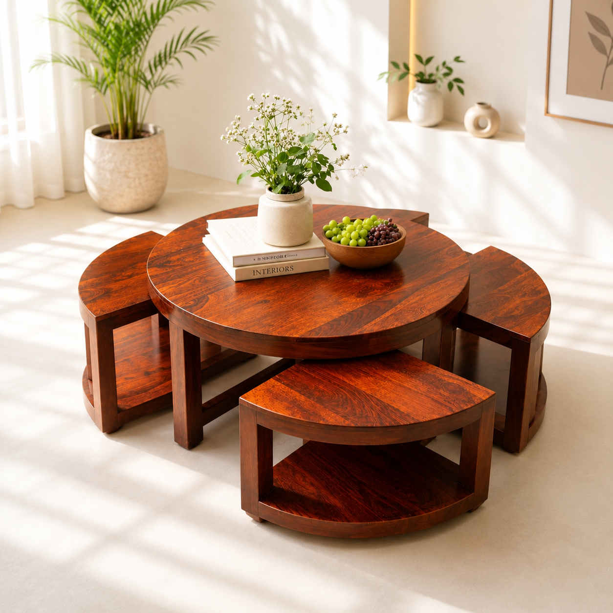 Aria Solid Sheesham Round Coffee Table Set with Stool