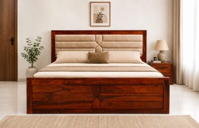 Aristo Cushion Sheesham Wood King Size Bed in Honey Finish With Box Storage