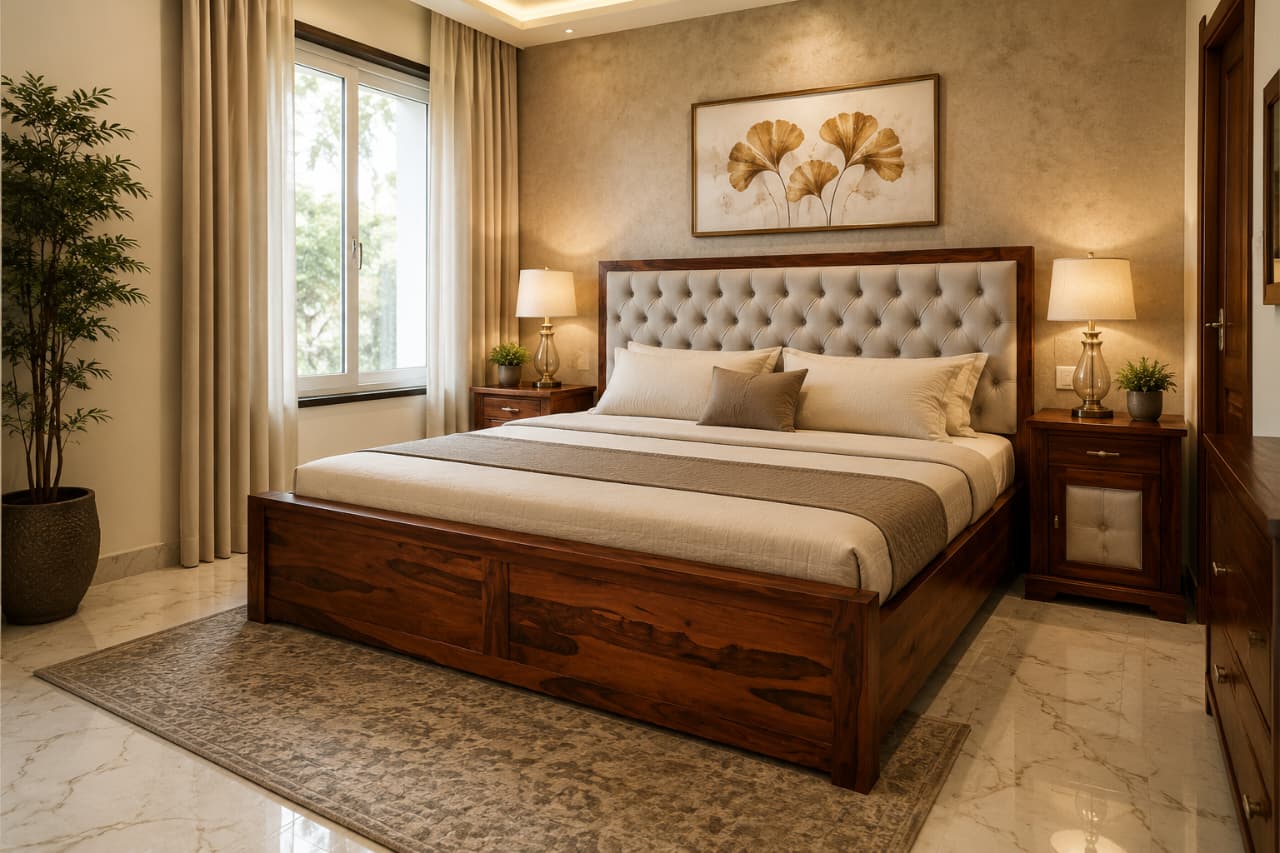 Avora Sheesham Wood King size bed with box storage in Honey Finish