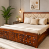 Beige Cushion Sheesham Wood King Size Bed in Honey Finish With Box Storage