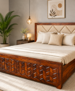 Beige Cushion Sheesham Wood King Size Bed in Honey Finish With Box Storage
