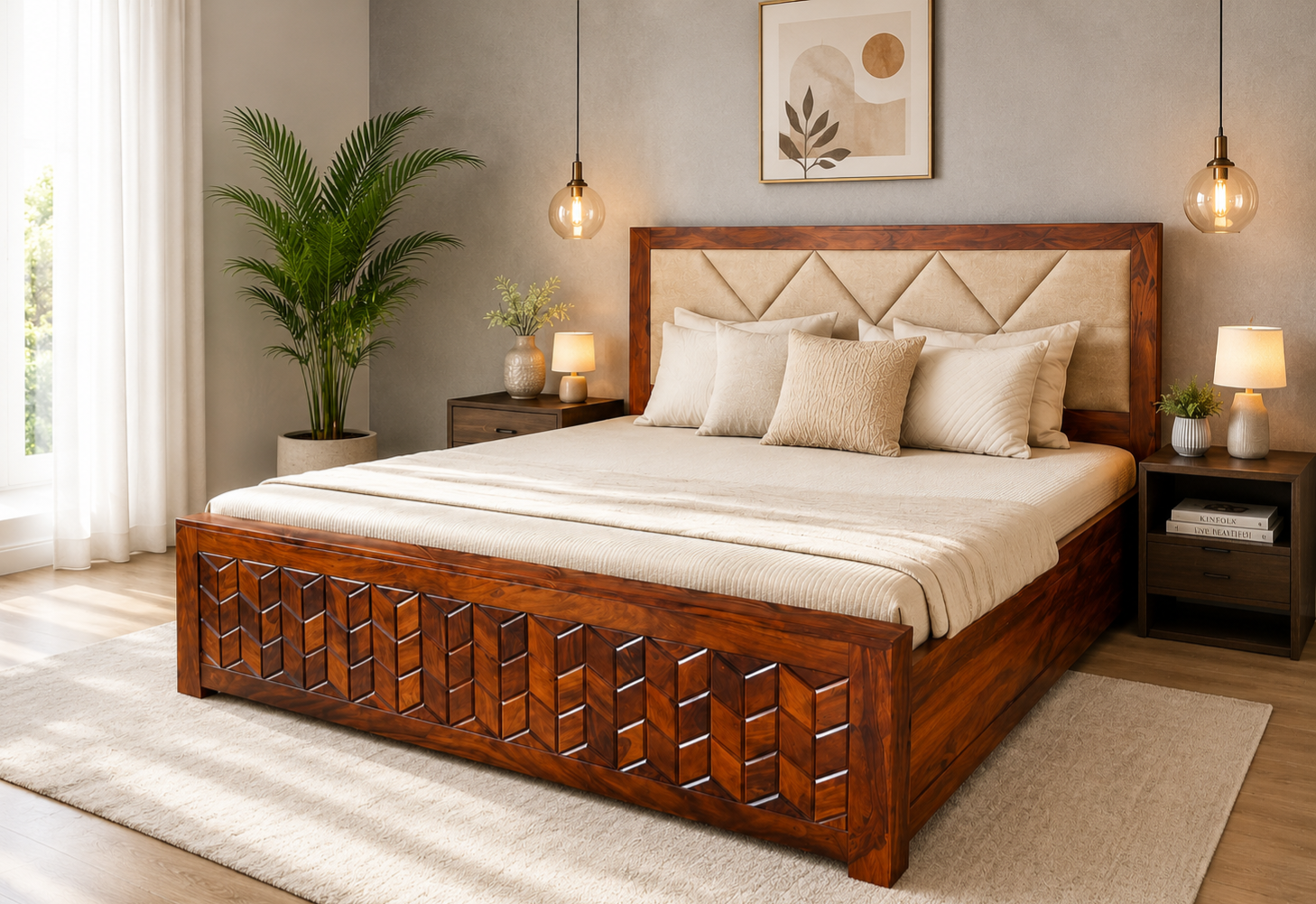 Beige Cushion Sheesham Wood King Size Bed in Honey Finish With Box Storage