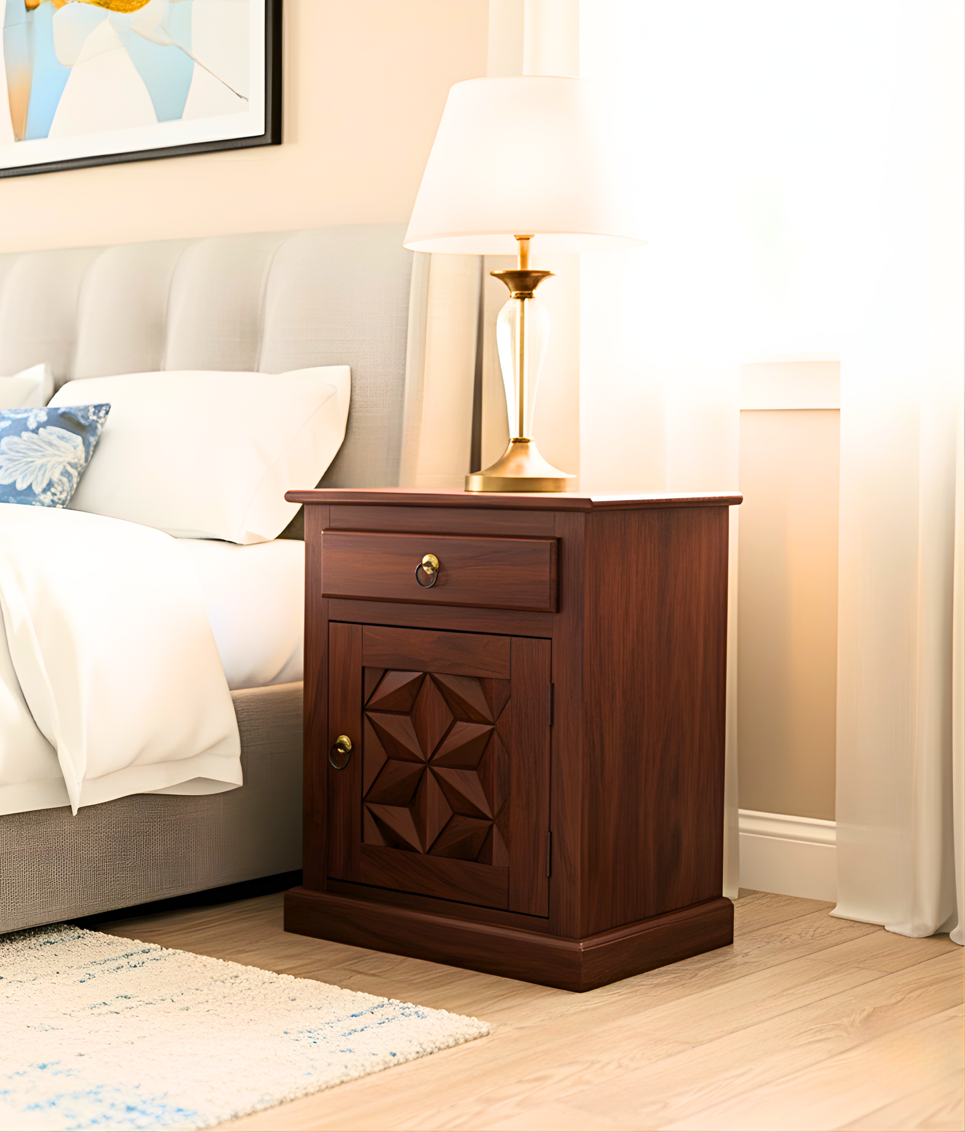 Bloom Bed Side Table in Honey Finish
