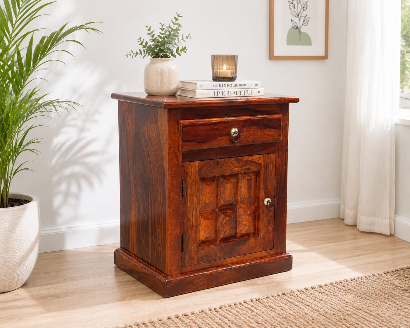 Bottle Bed Side Table in Honey Finish