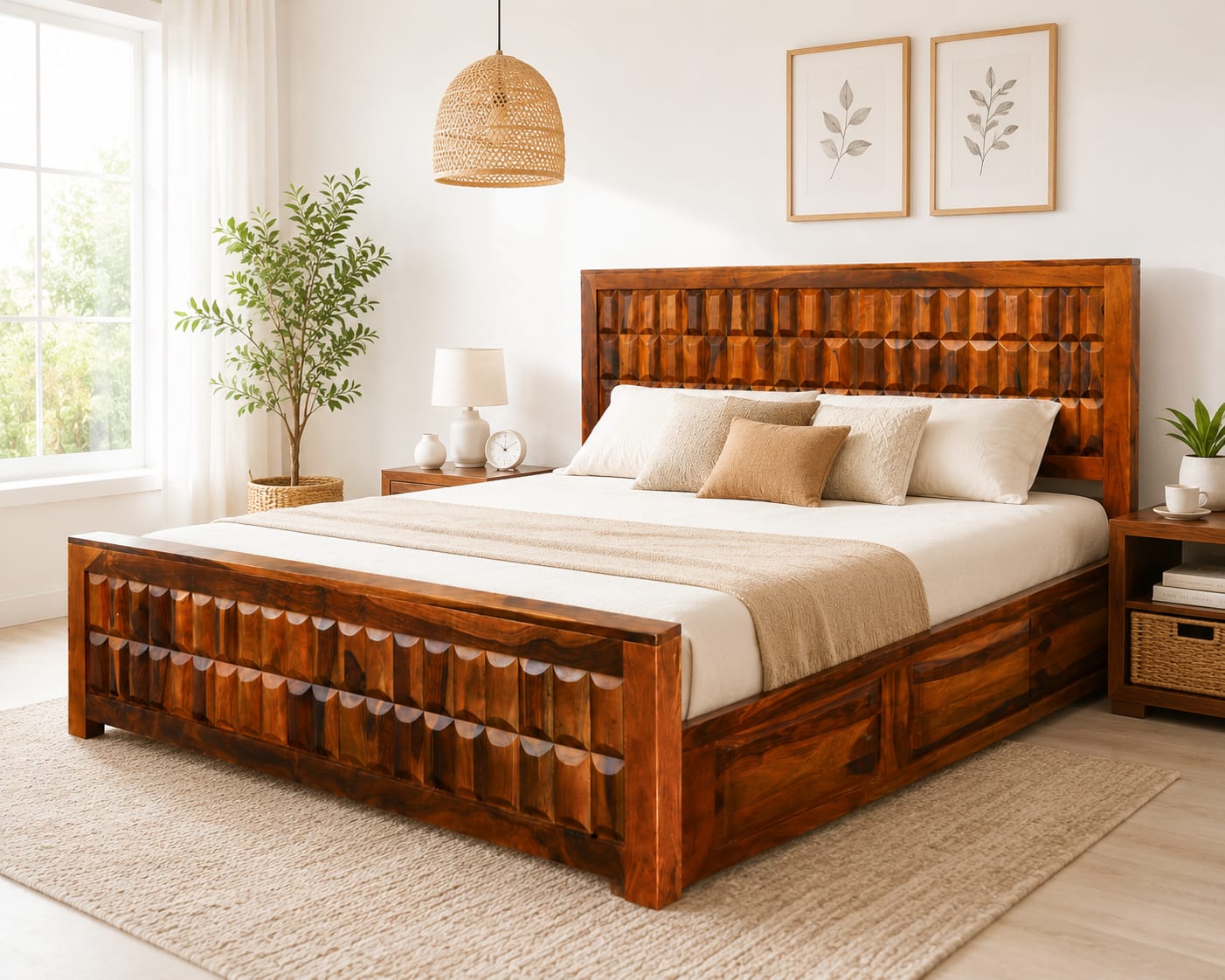 Bottle Sheesham Wood King Size Bed in Honey Finish With Box Storage