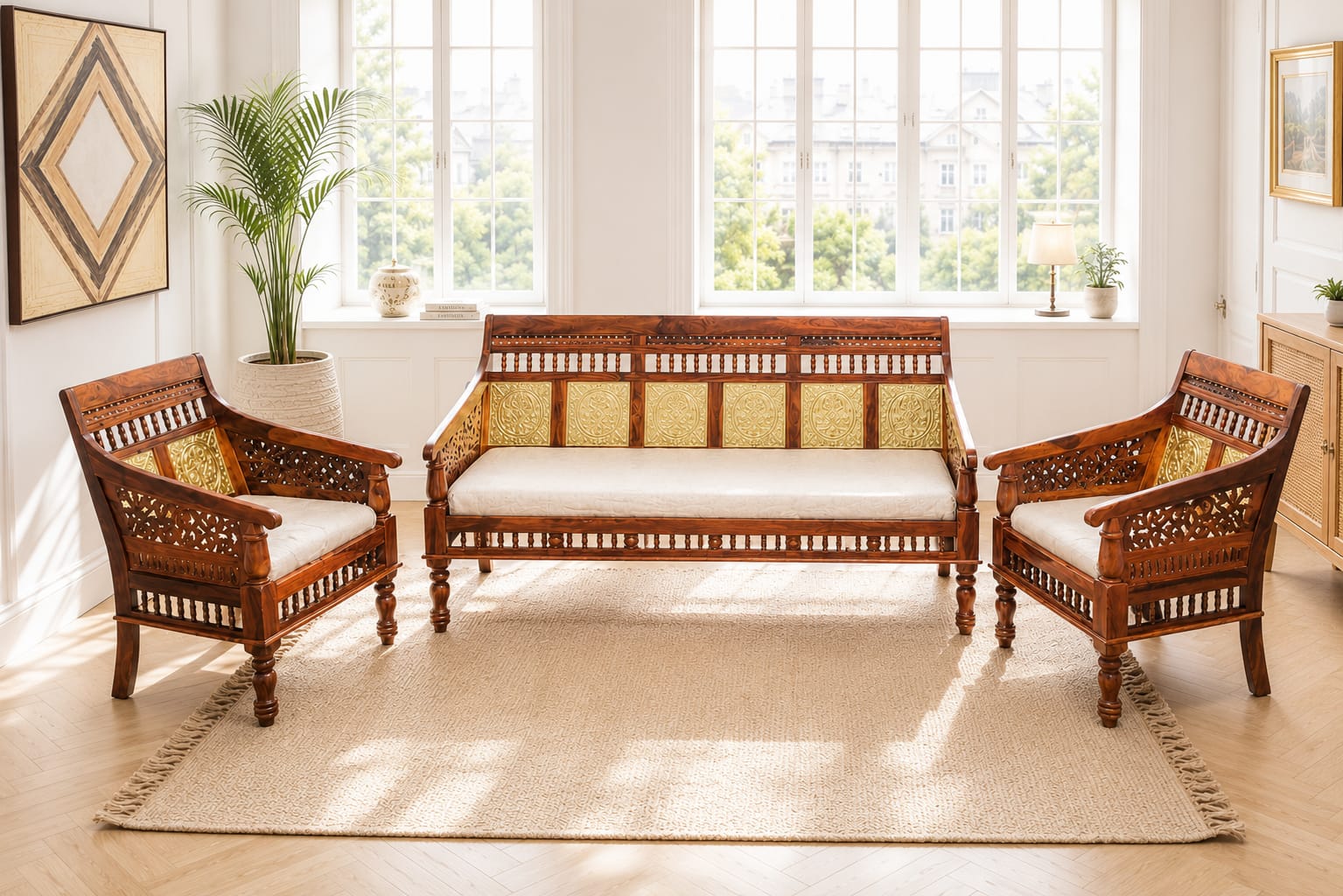 Brass Carvin 5 Seater Sheesham Wood Sofa Set in Honey Finish