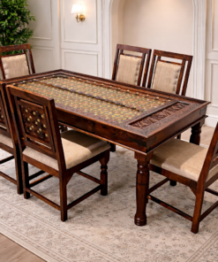 Brass Plate 6 Seater Sheesham Wood Dining Set in Honey Finish