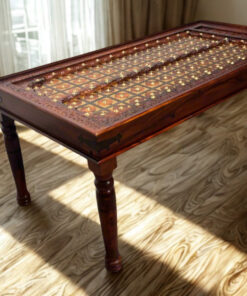 Brass Plate 6 Seater Sheesham Wood Dining Table in Honey Finish