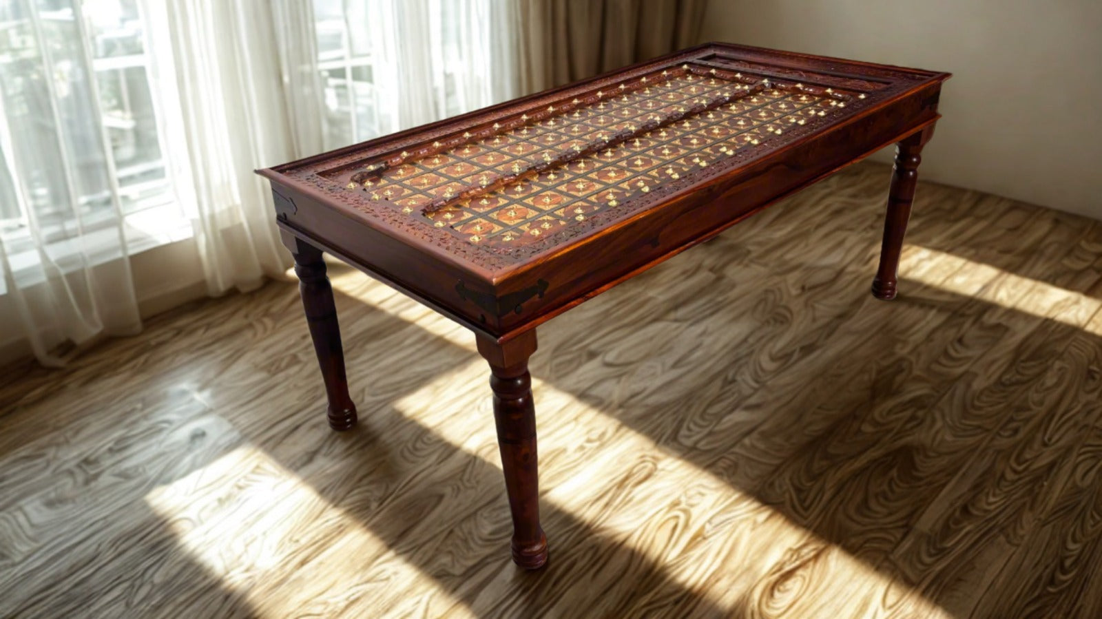 Brass Plate 6 Seater Sheesham Wood Dining Table in Honey Finish