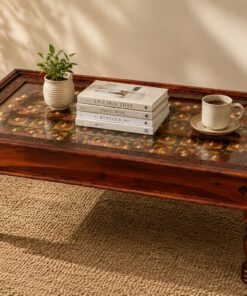 Brass Plate Sheesham Wood Coffee Table in Honey Finish