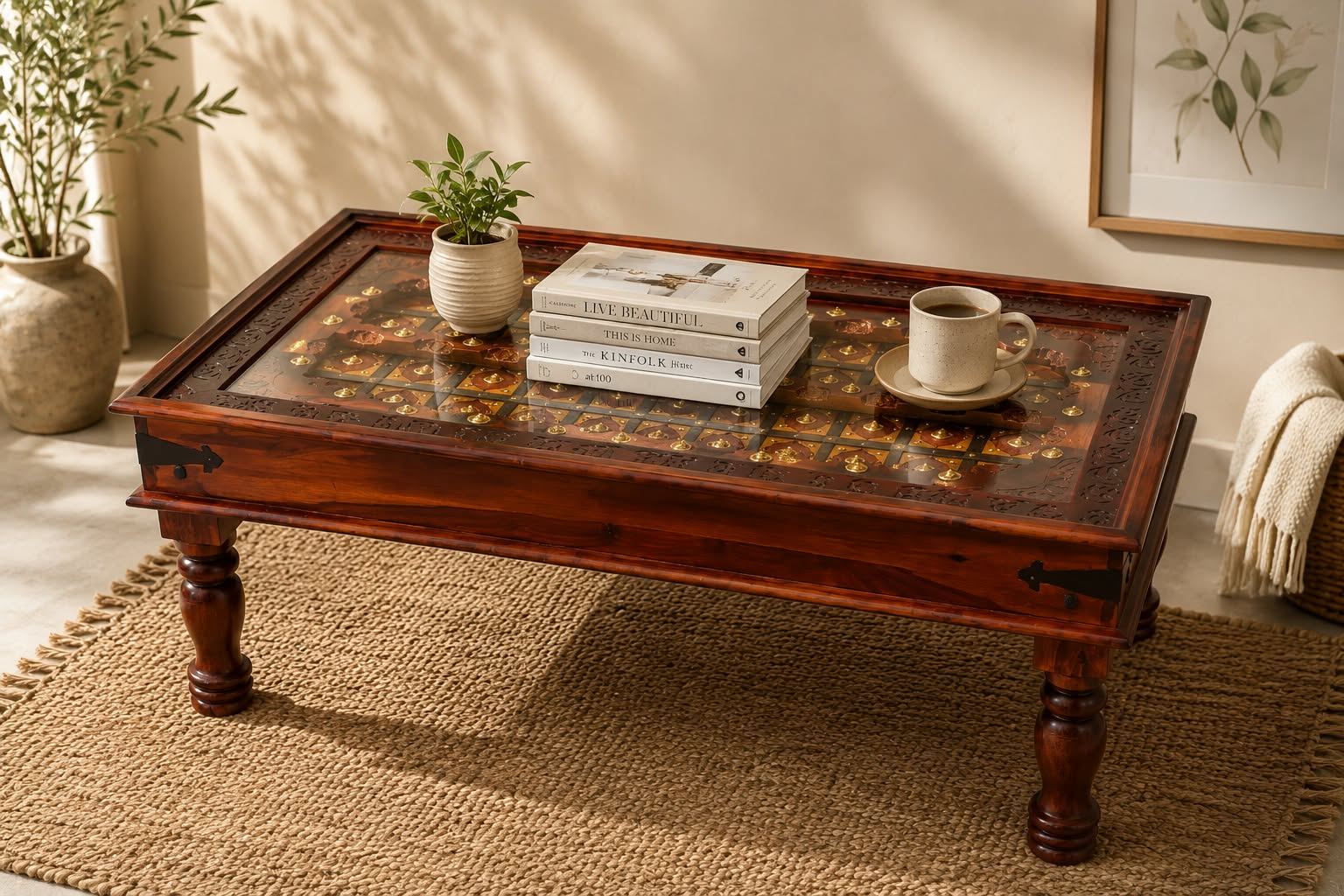 Brass Plate Sheesham Wood Coffee Table in Honey Finish