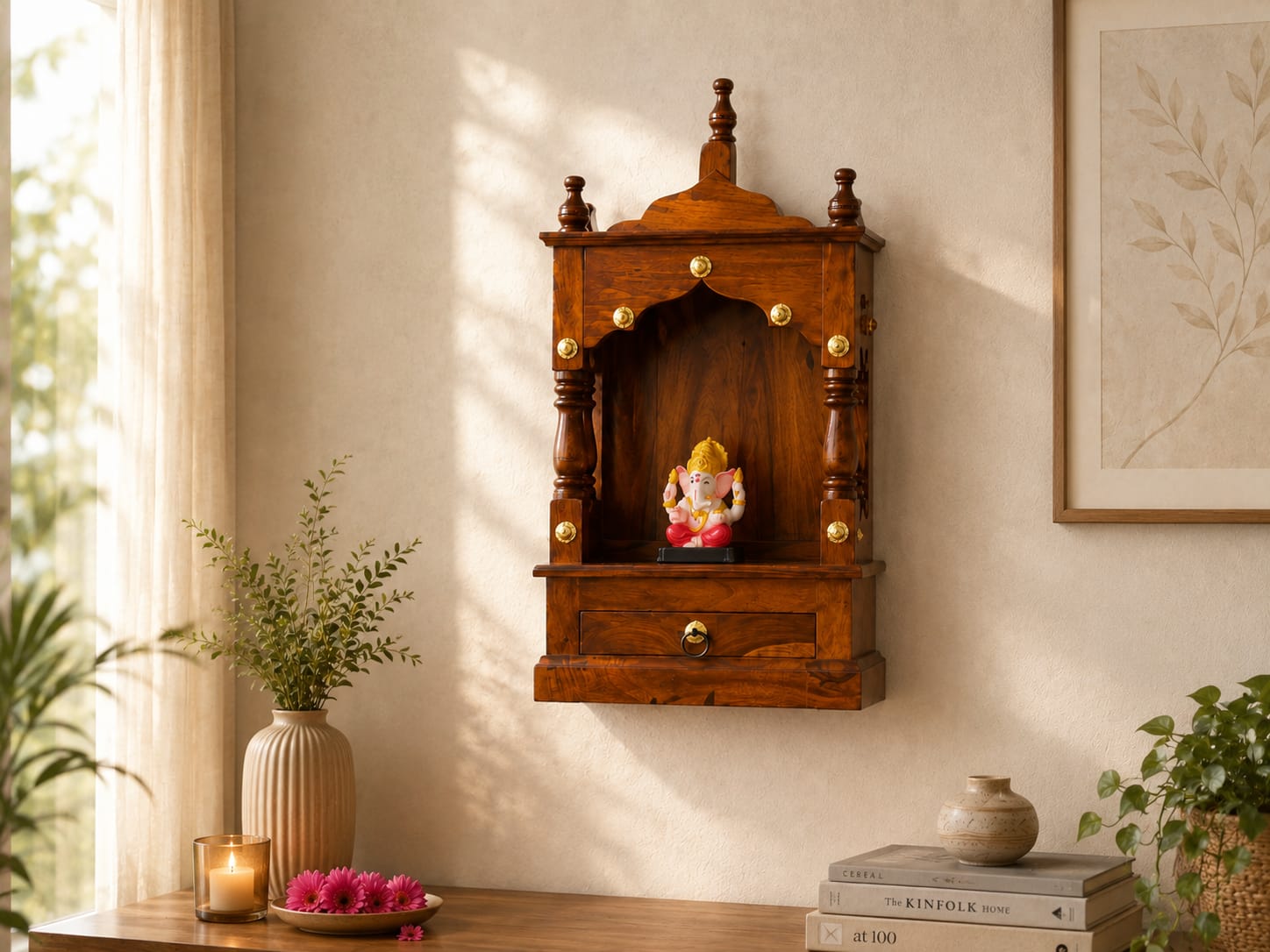Bright Sheesham Wood temple in Honey Finish