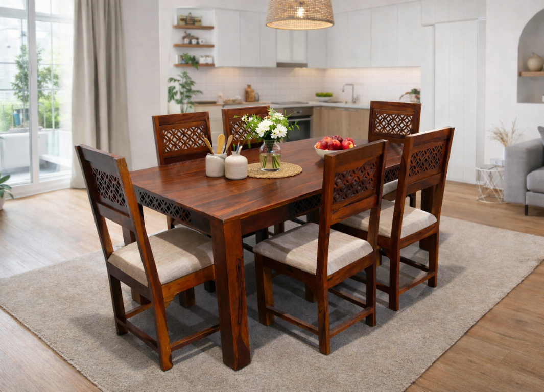 Cambric 6 Seater Sheesham Wood Dining Set in Honey Finish