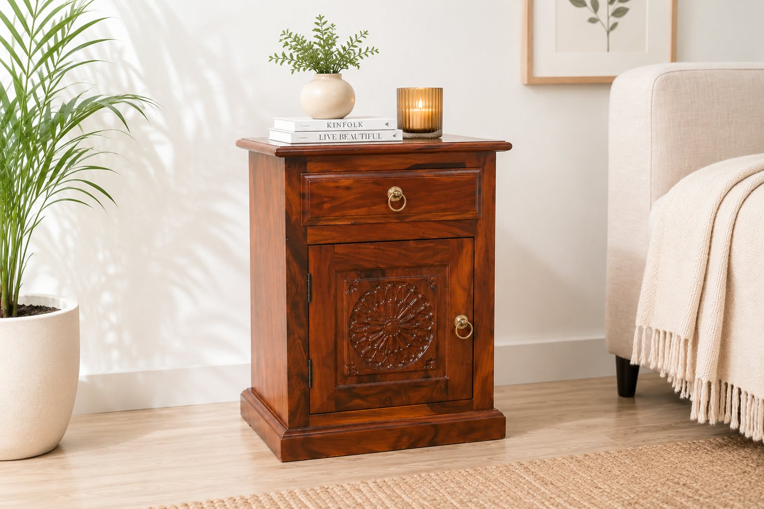 Carvin Bed Side Table in Honey Finish