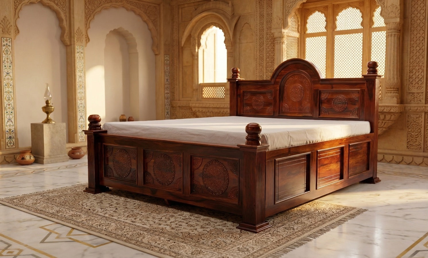 Carvin Round Sheesham Wood King Size Bed in Honey Finish with Box Storage