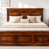 Carvin Sheehsam Wood King Size Bed in Honey Finish With Box Storage