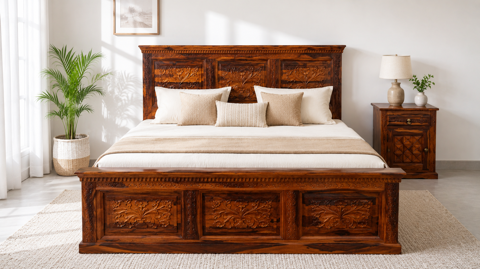 Carvin Sheehsam Wood King Size Bed in Honey Finish With Box Storage