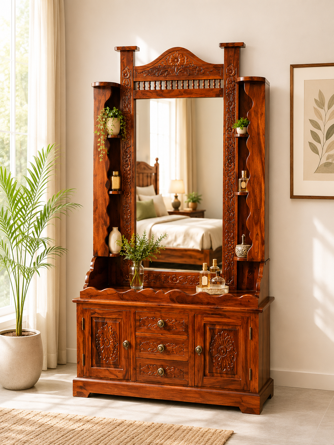 Carvin Sheesham Wood Dresser with Drawer Storage in Honey Finish