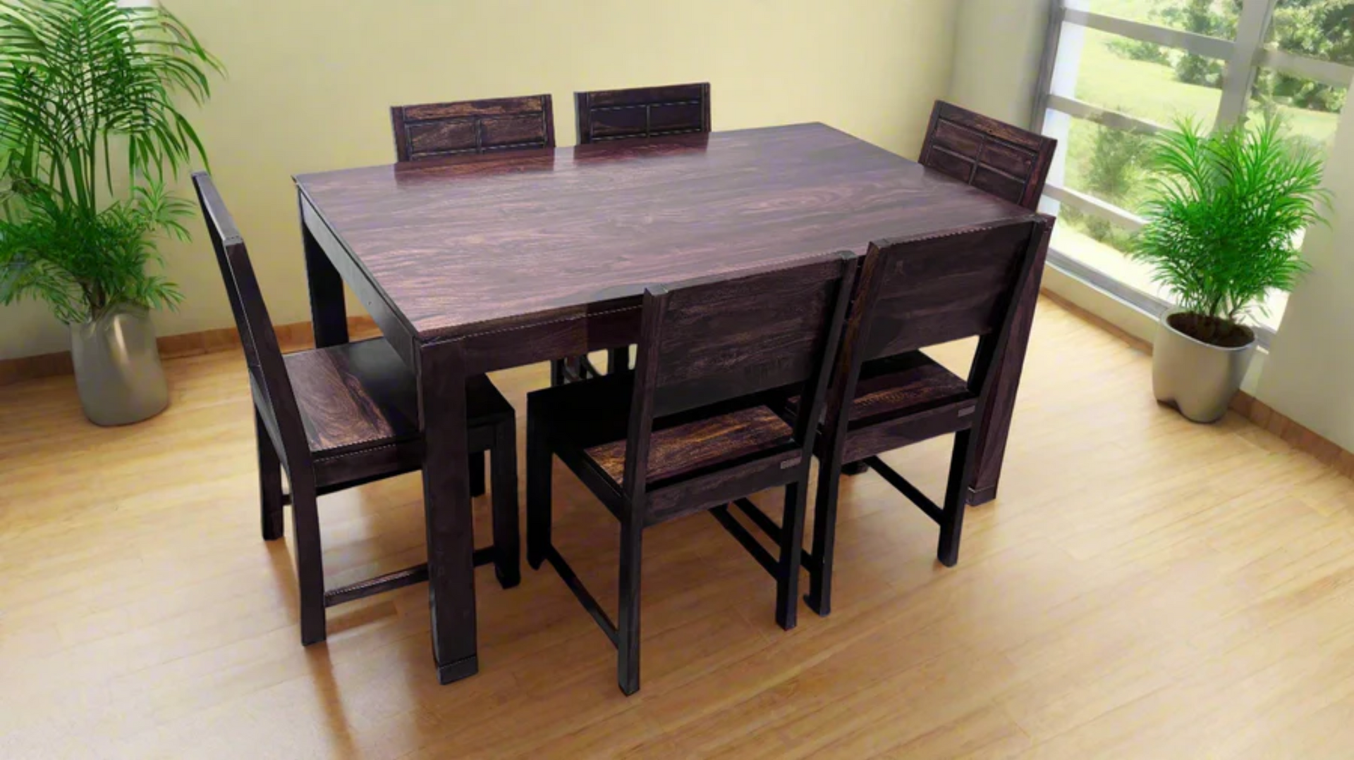 Cert 6 Seater Sheesham Wood Dining Set in Walnut Color