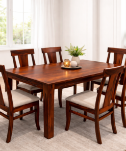 Compact 6 Seater Sheesham Wood Dining Set with cushioned chair in Honey Finish