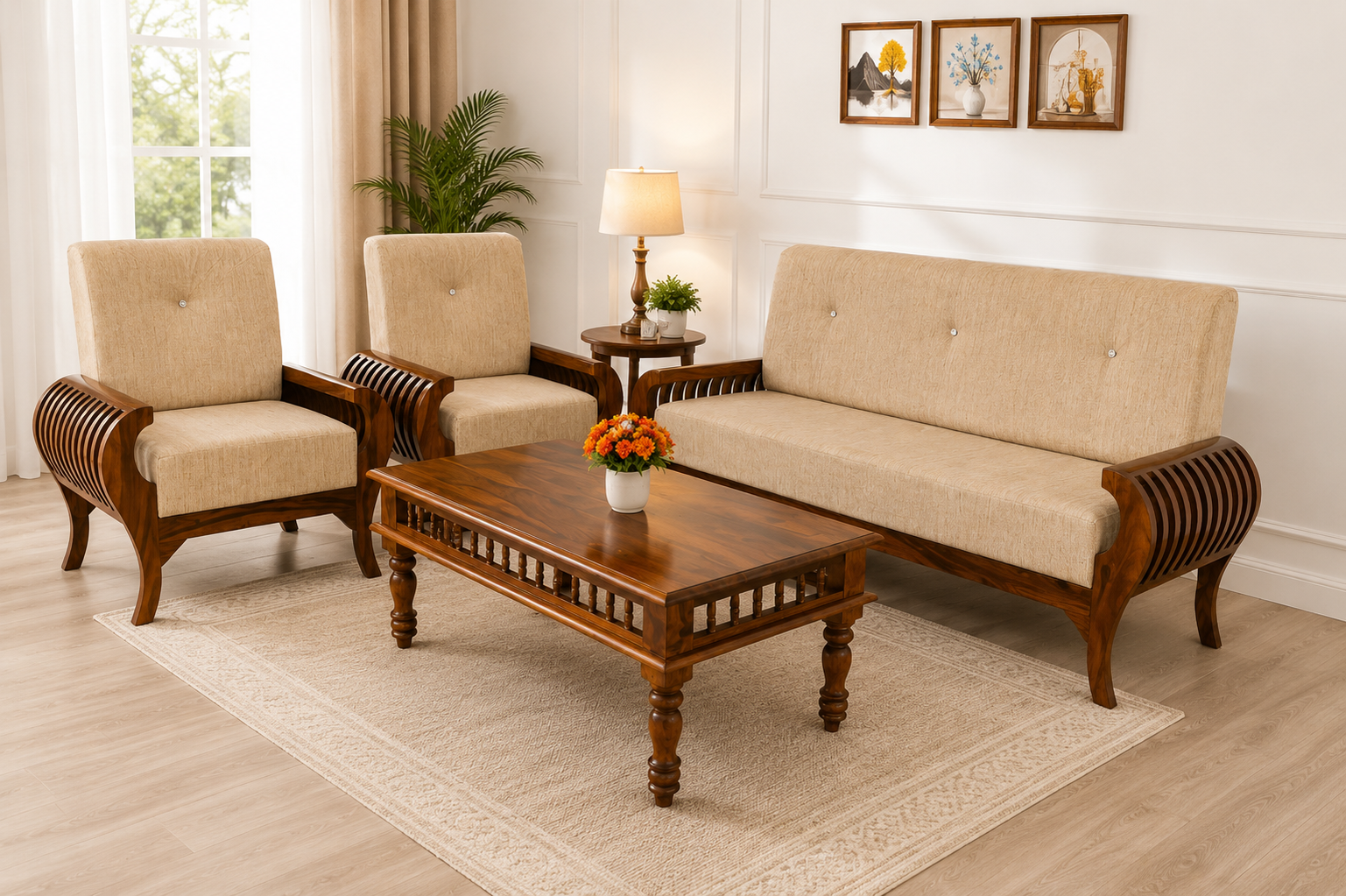 Cozy Light 5 Seater Sheesham Wood Sofa Set in Honey Finish