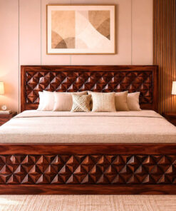 Cube Sheesham Wood King Size Bed in Honey Finish With Box Storage