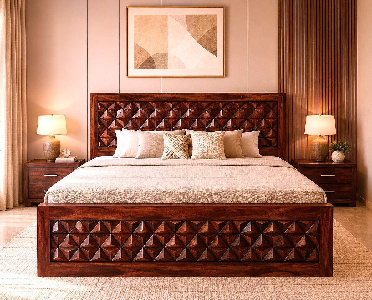 Cube Sheesham Wood King Size Bed in Honey Finish With Box Storage