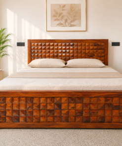 Diamond Sheesham Wood King Size Bed in Honey Finish With Box Storage