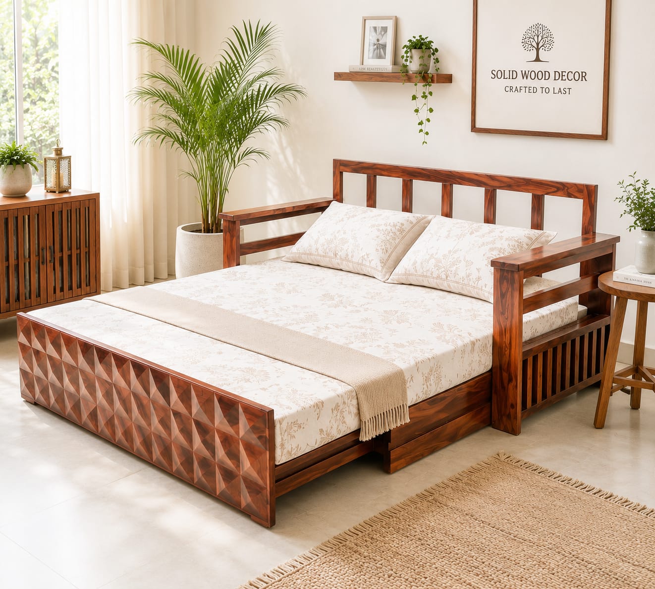 Diamond Sheesham Wood Sofa cum Bed in Honey Finish
