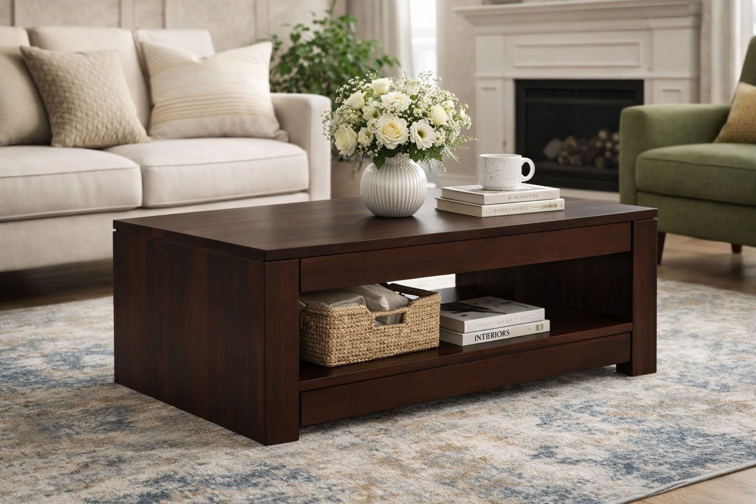 Double Top Sheesham Wood Coffee Table in Walnut Finish