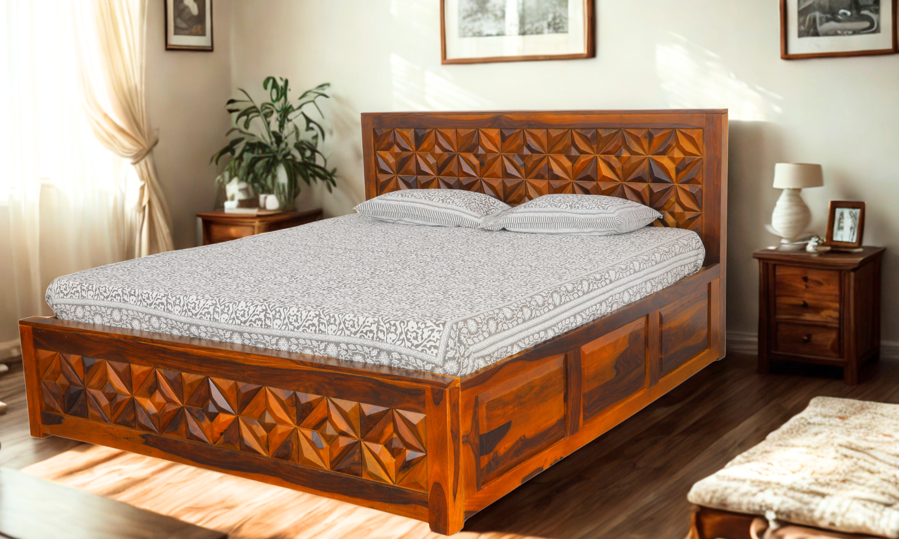 Dynamic Sheesham Wood King Size Bed in Honey Finish With Box Storage