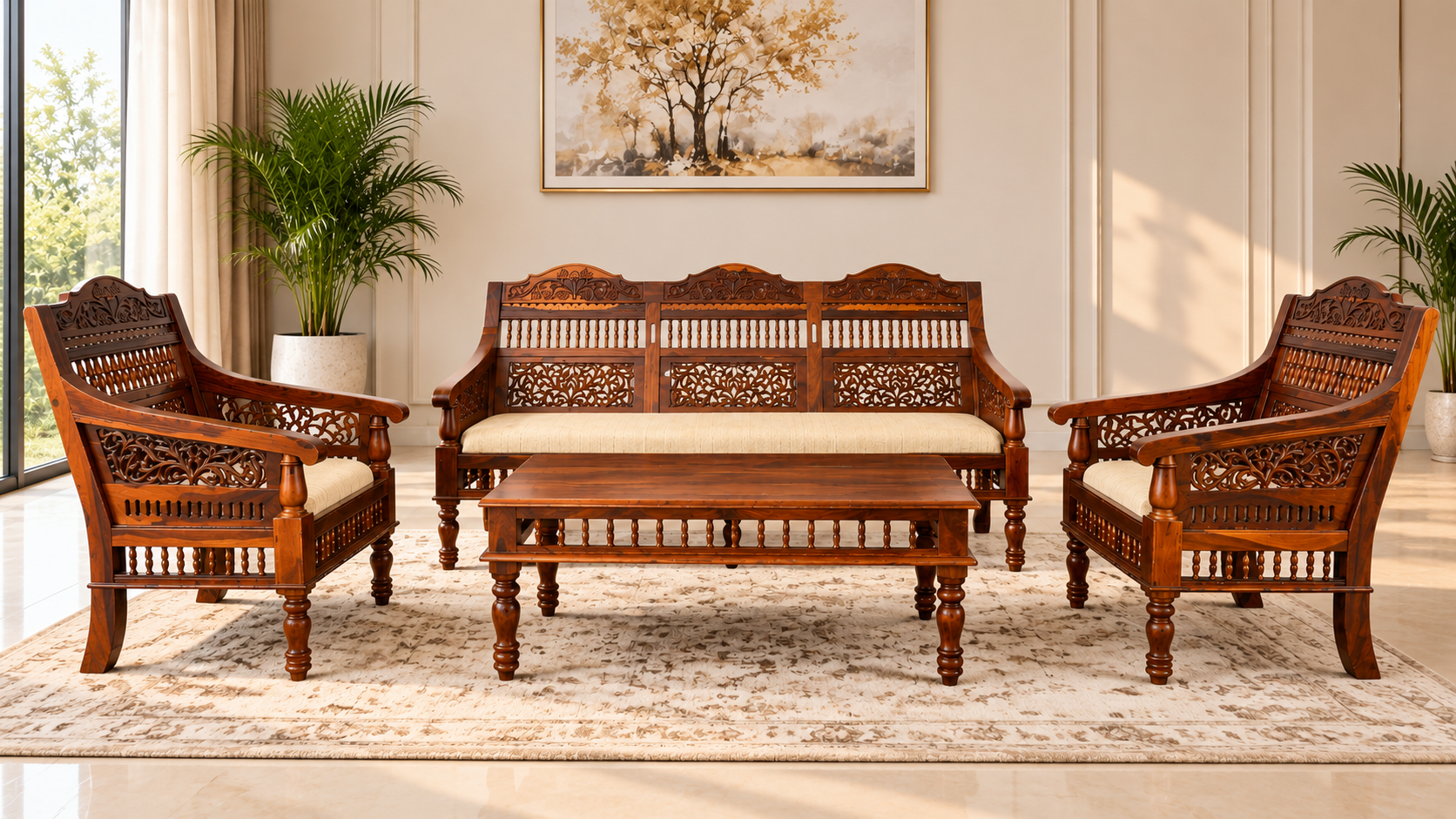 Elena 5 Seater Sheesham Wood Sofa Set in Honey Finish
