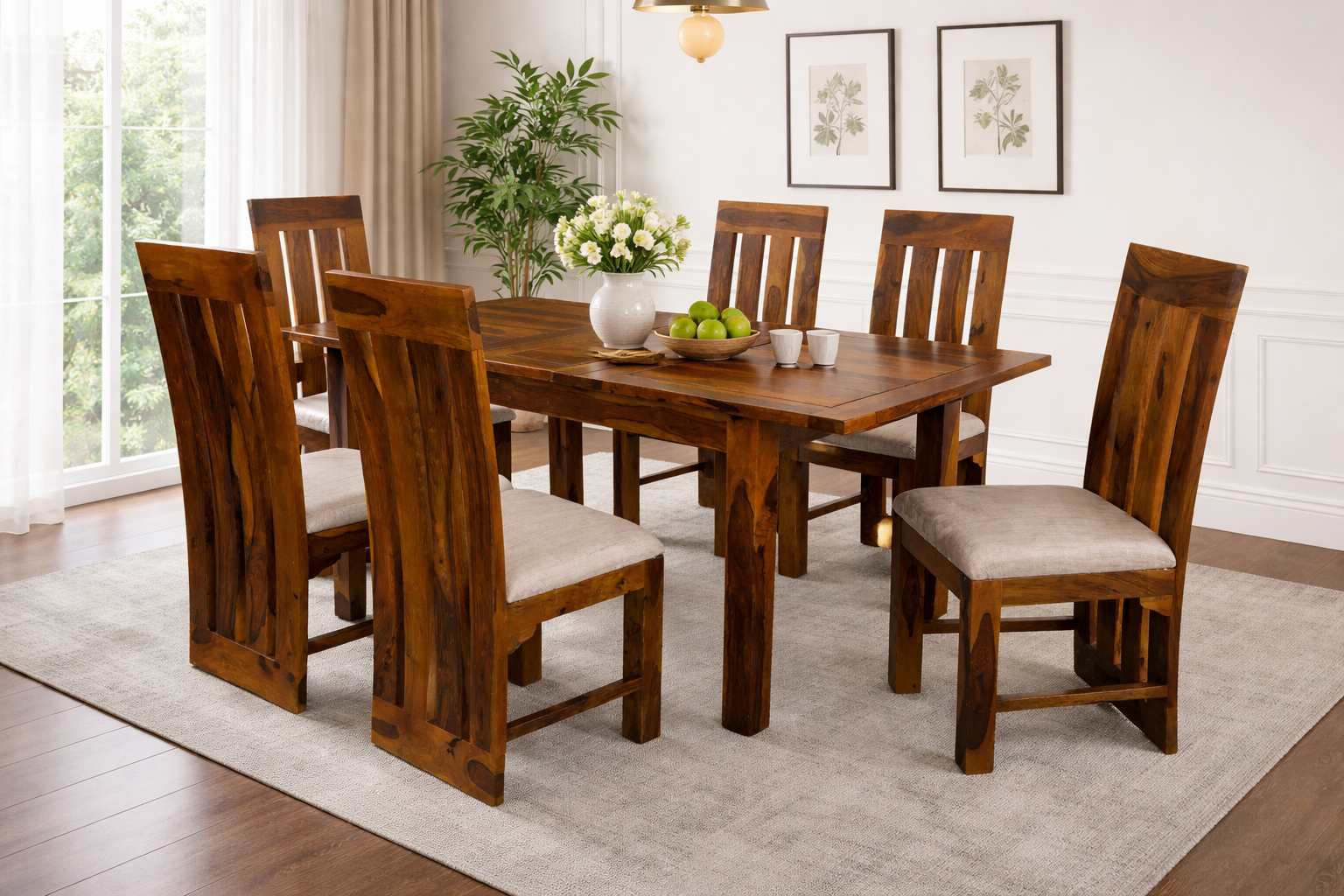 Extendable 6 Seater Sheesham Wood Dining Set in Honey Finish