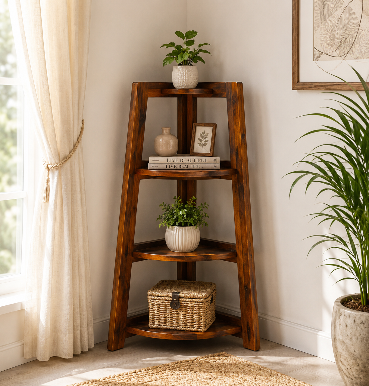 Folding Corner Sheesham Wood (Small) Book Rack in Honey Finish