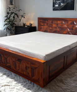 Geometric Sheesham Wood King Size Bed in Honey Finish With Box Storage