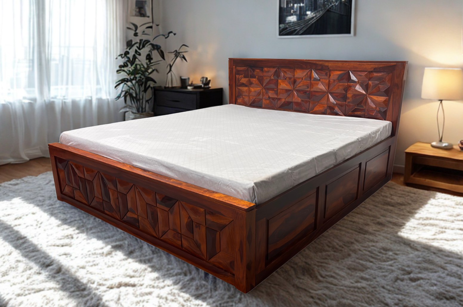 Geometric Sheesham Wood King Size Bed in Honey Finish With Box Storage