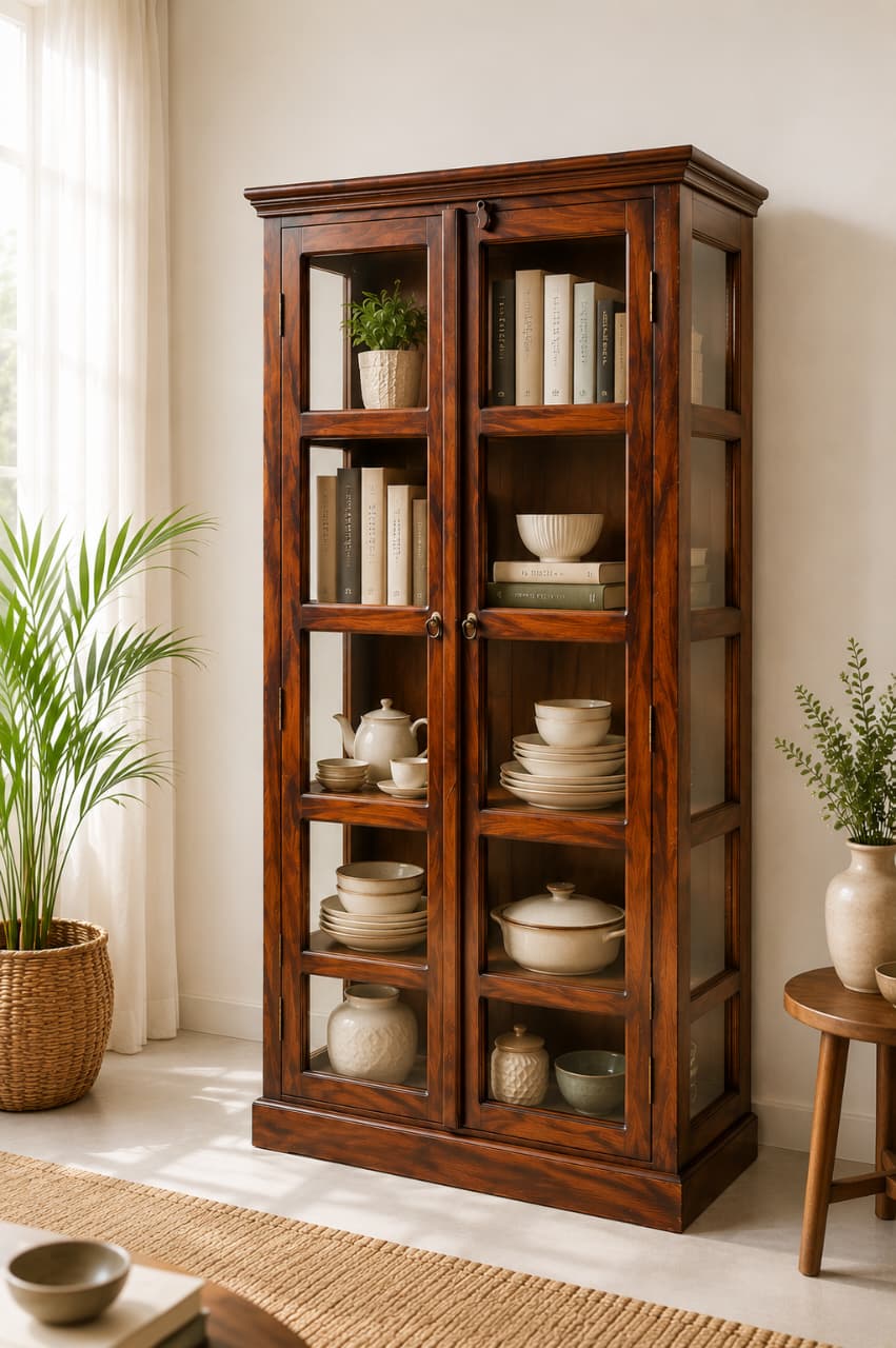 Glass Sheesham Wood Book rack in Honey Finish