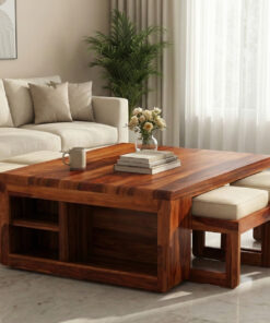 Hestia Sheesham Wood coffee table with four stools in Honey Finish