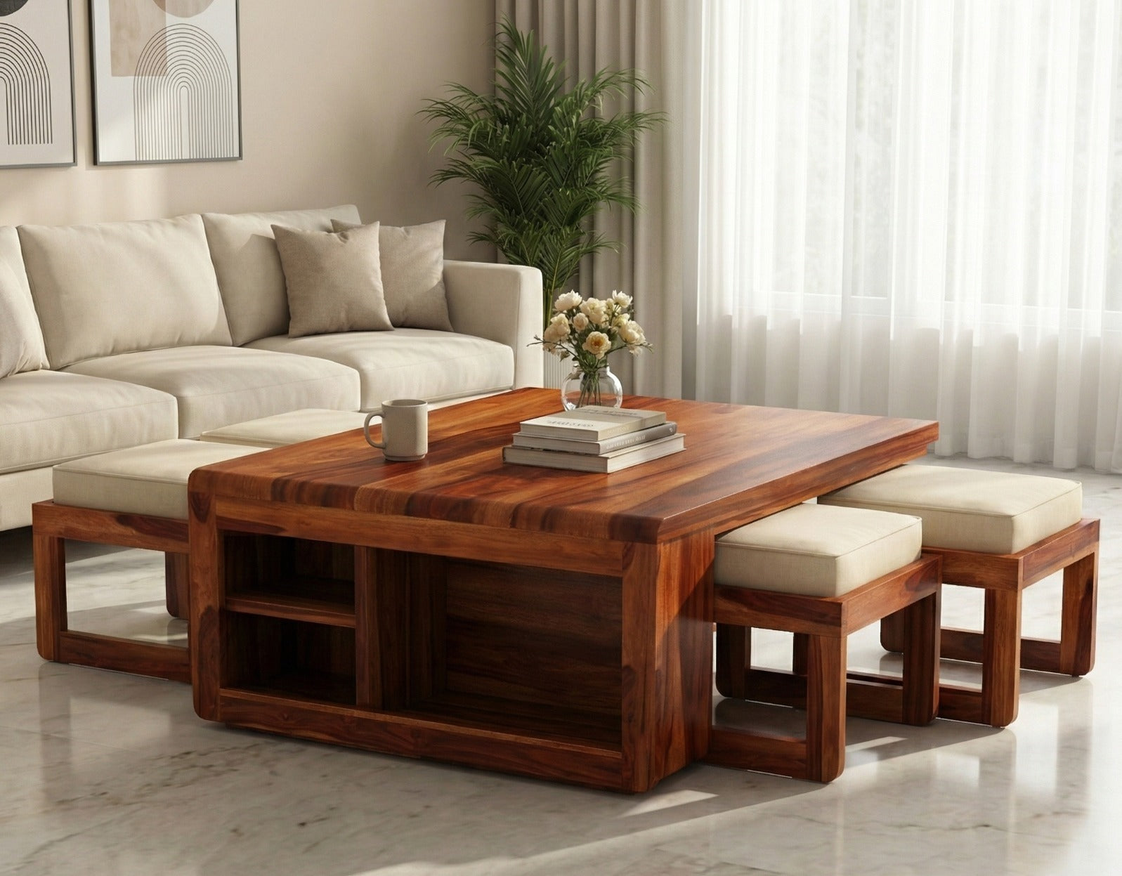 Hestia Sheesham Wood coffee table with four stools in Honey Finish