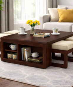 Hestia Sheesham Wood coffee table with four stools in Walnut Finish