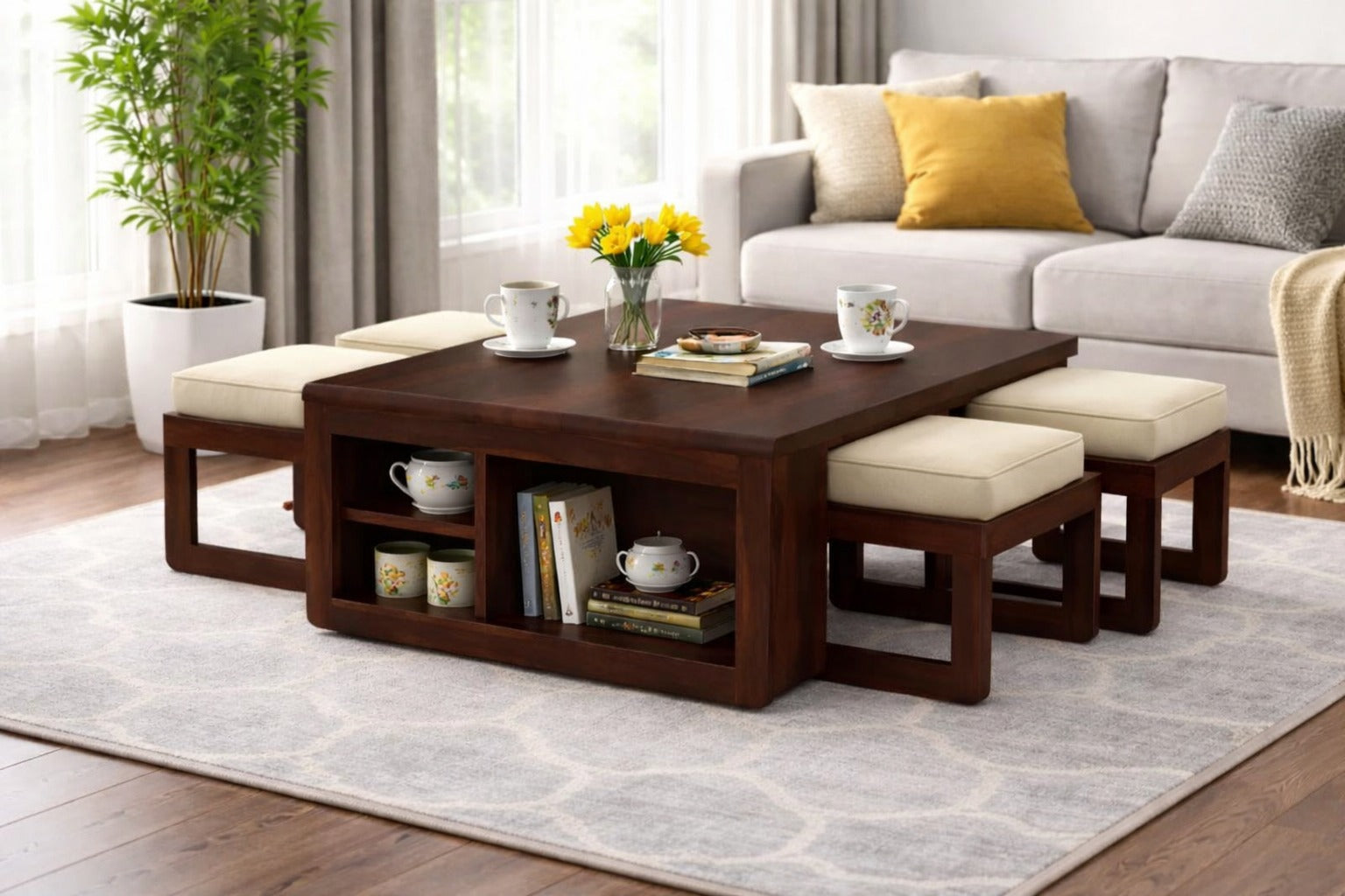 Hestia Sheesham Wood coffee table with four stools in Walnut Finish