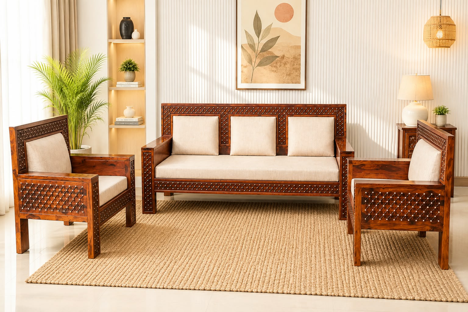 Jiksa 5 Seater Sheesham Wood Sofa Set in Honey Finish