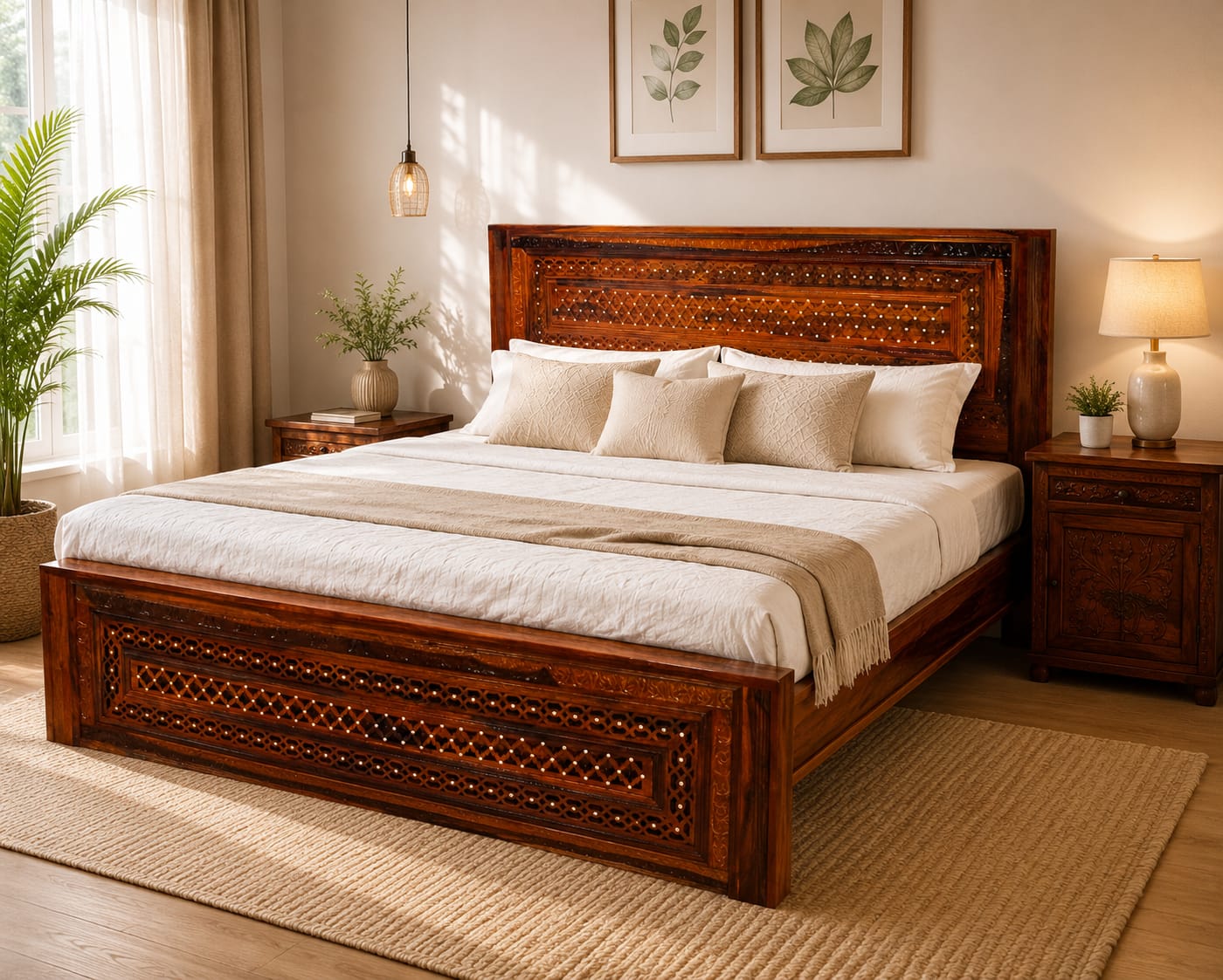 Jiksa Sheesham Wood King size Bed without storage in honey finish