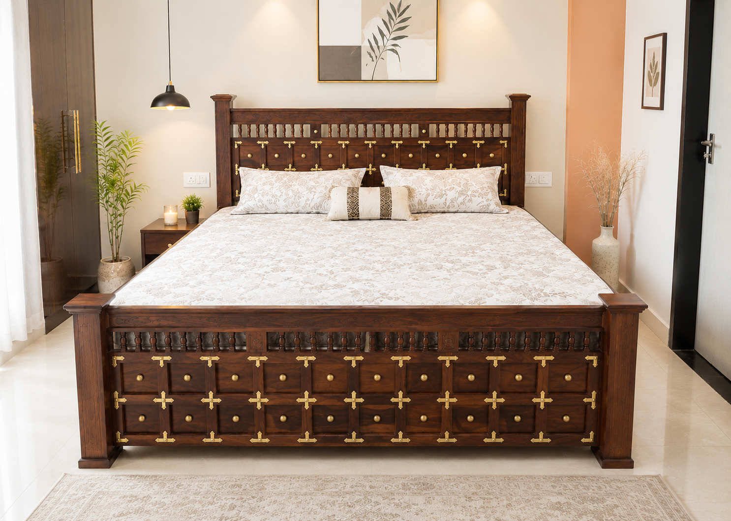 LT Sheesham Wood King Size Bed with Box Storage in Honey Finish