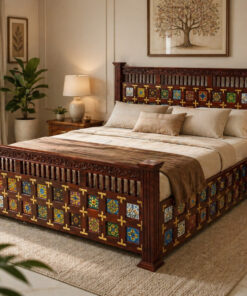 LT Sheesham Wood Tile King Size Bed in Honey Finish With Box Storage