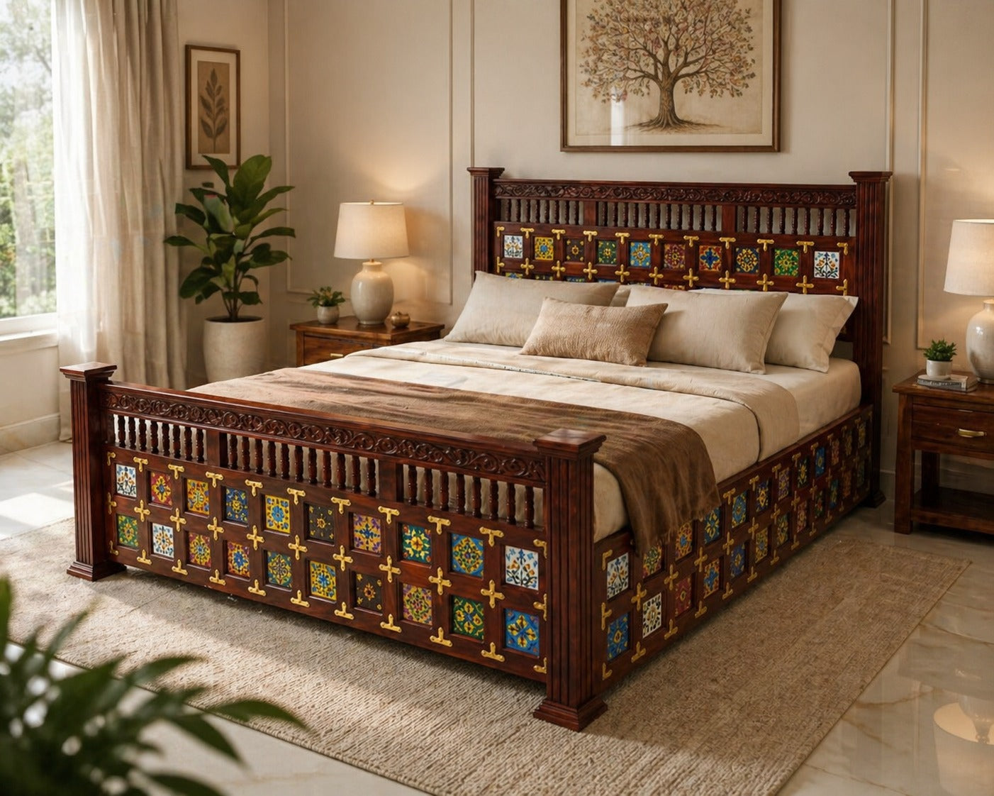 LT Sheesham Wood Tile King Size Bed in Honey Finish With Box Storage